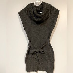 Dark gray cowl neck sweater dress with bow
